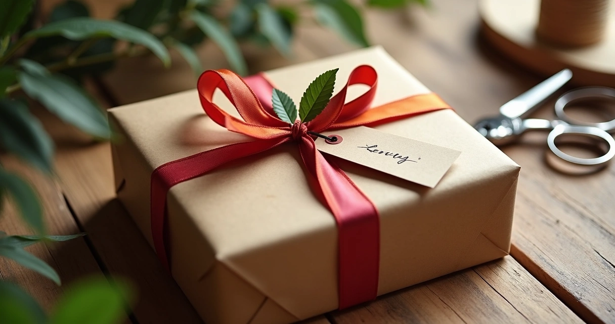 Presente embalado com papel kraft, fita colorida e tag escrita à mão 
