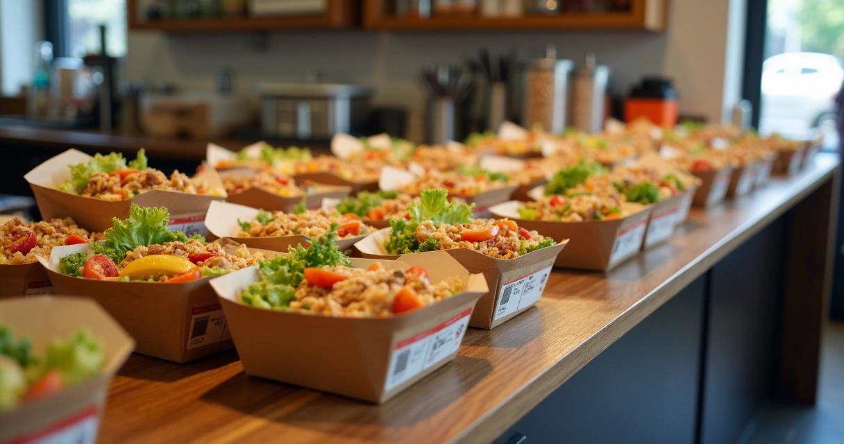 Embalagens de alimentos prontas para delivery em bancada de restaurante 