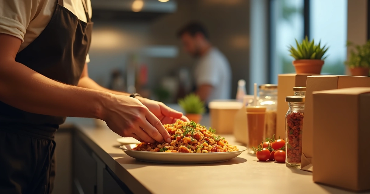 Atendente embalando comida para entrega 