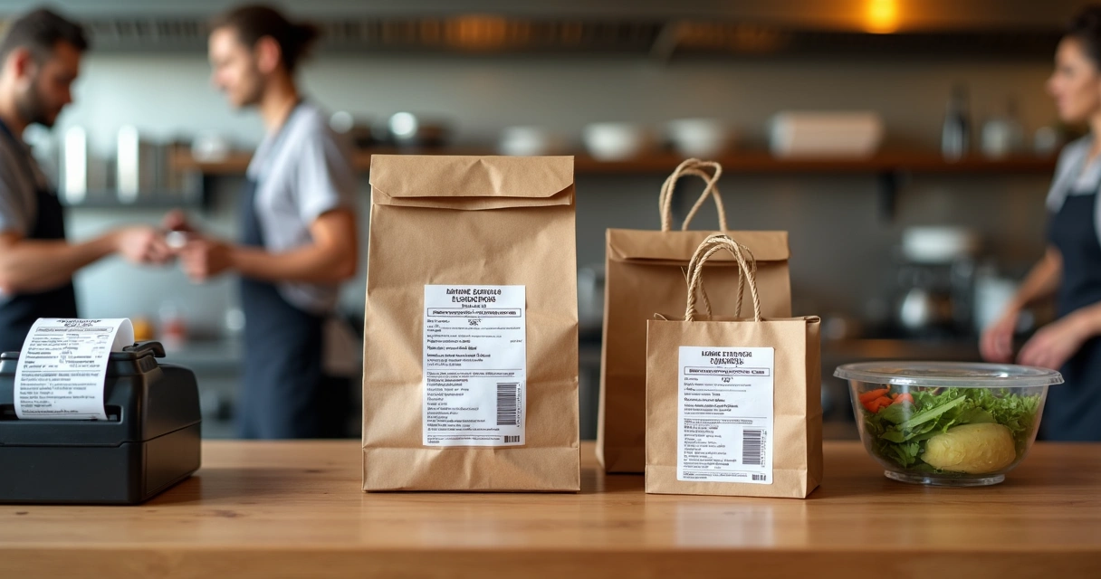 Mesa com embalagens de delivery destacando etiquetas de rotulagem de alimentos 