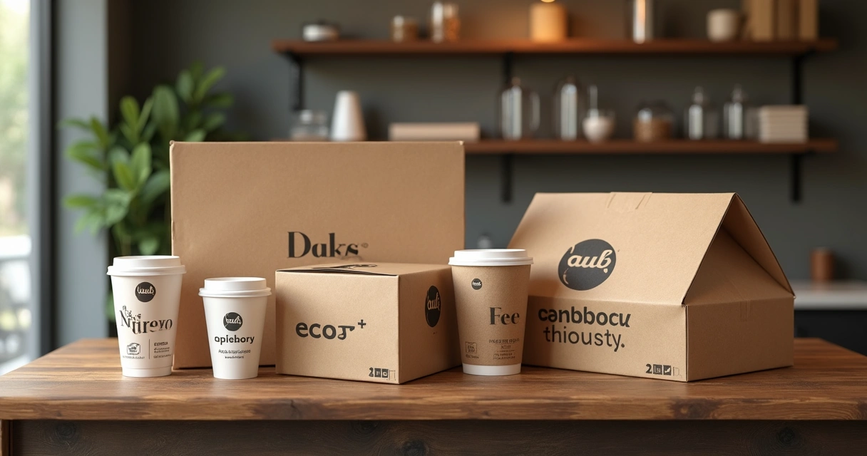 Embalagens de delivery dispostas sobre balcão de madeira, diferentes tamanhos e formatos. 