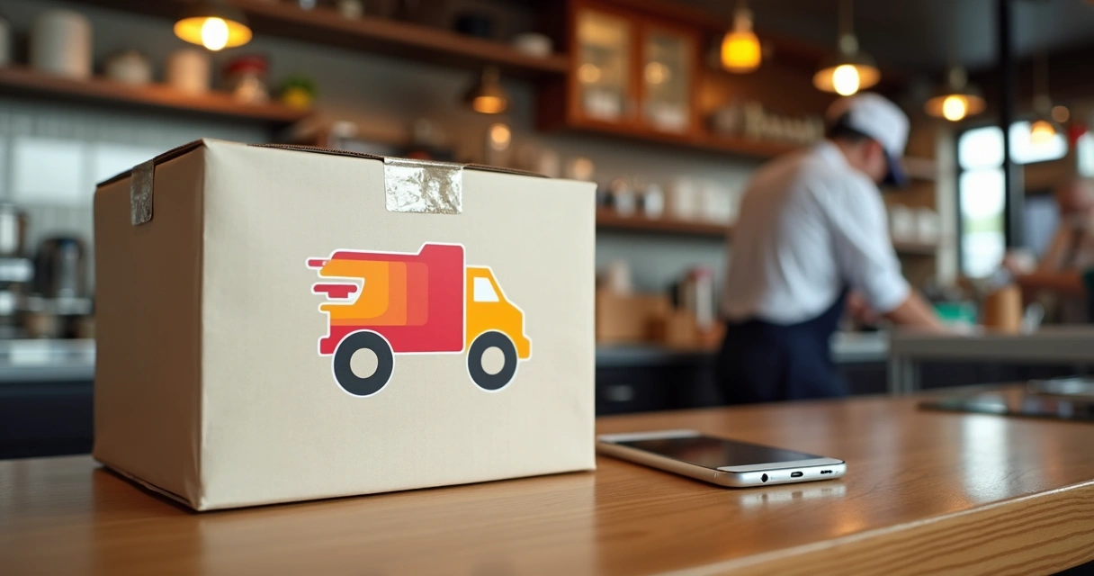 Embalagem de delivery personalizada com logo em destaque em cima de uma bancada de restaurante 