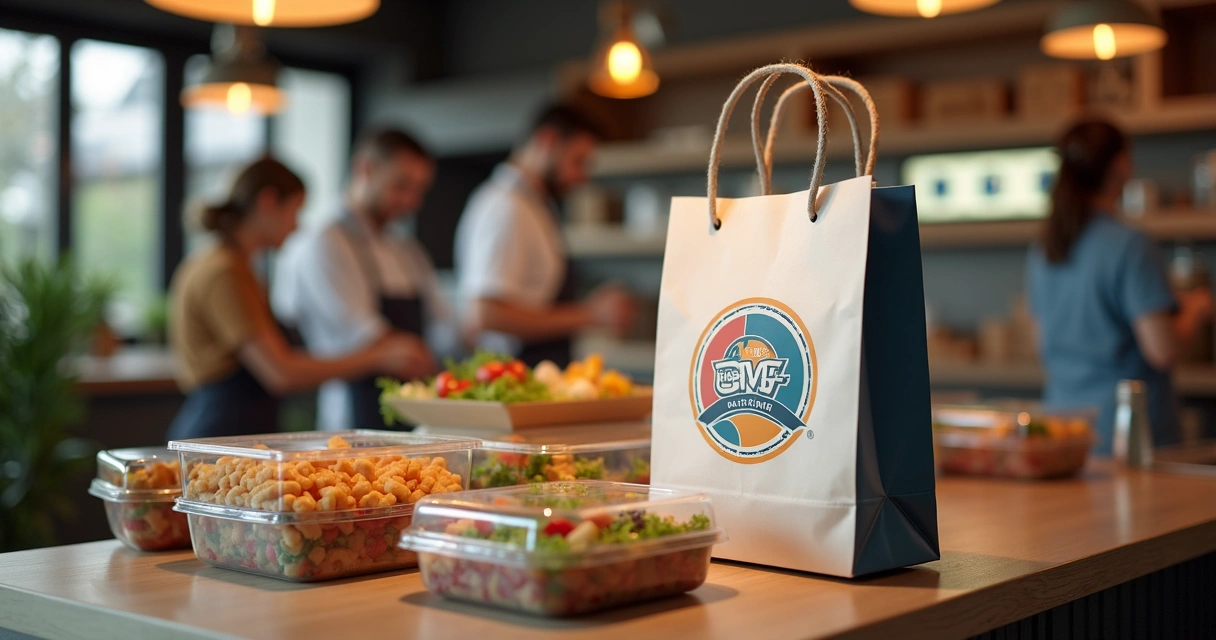 Embalagem moderna para delivery com logo de restaurante e comida fresca 