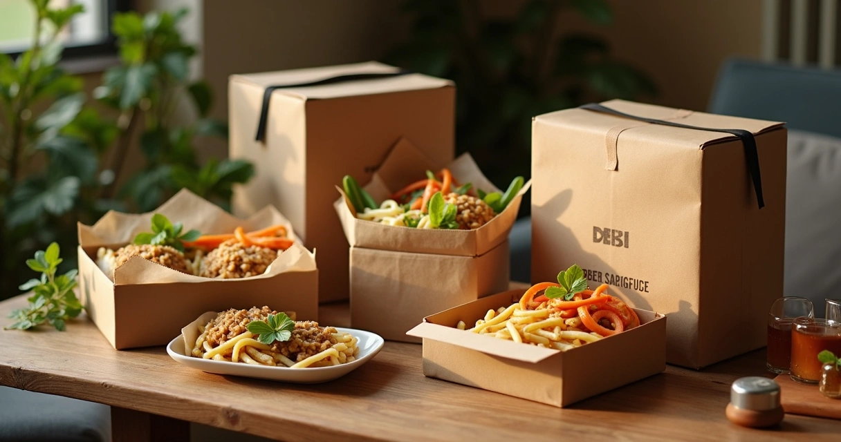 Embalagens premium de delivery sobre uma mesa 