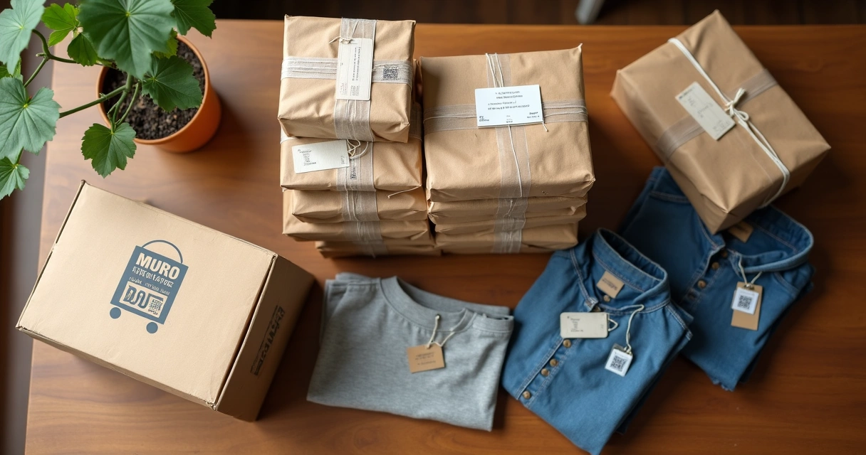 Embalagens de roupas de brechó com etiquetas e caixa de envio sobre mesa de madeira 