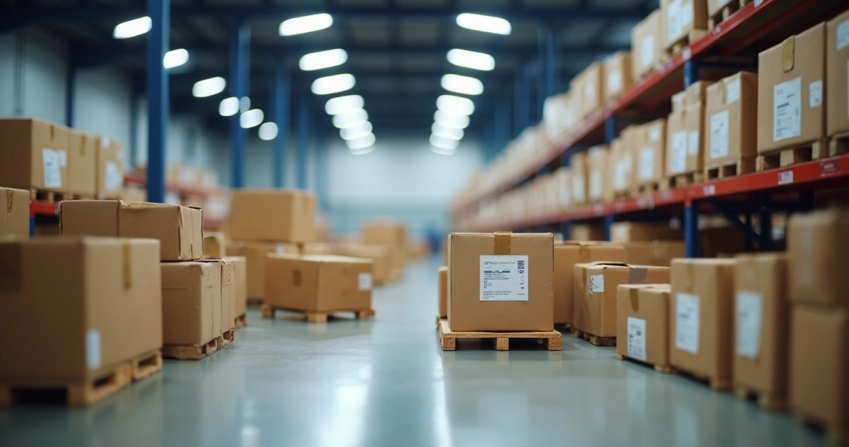 Empacotamento de pedidos em centro logístico com caixas e etiquetas prontos para envio