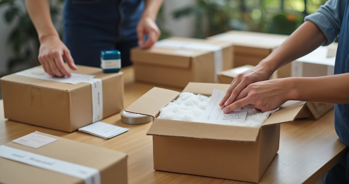 Caixas de encomendas sendo preparadas para envio em loja virtual