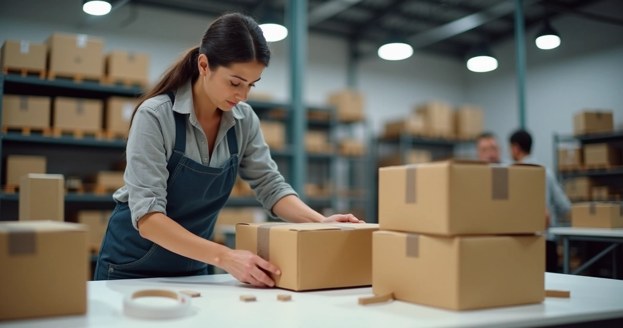 Funcionário embalando produto para envio em warehouse 