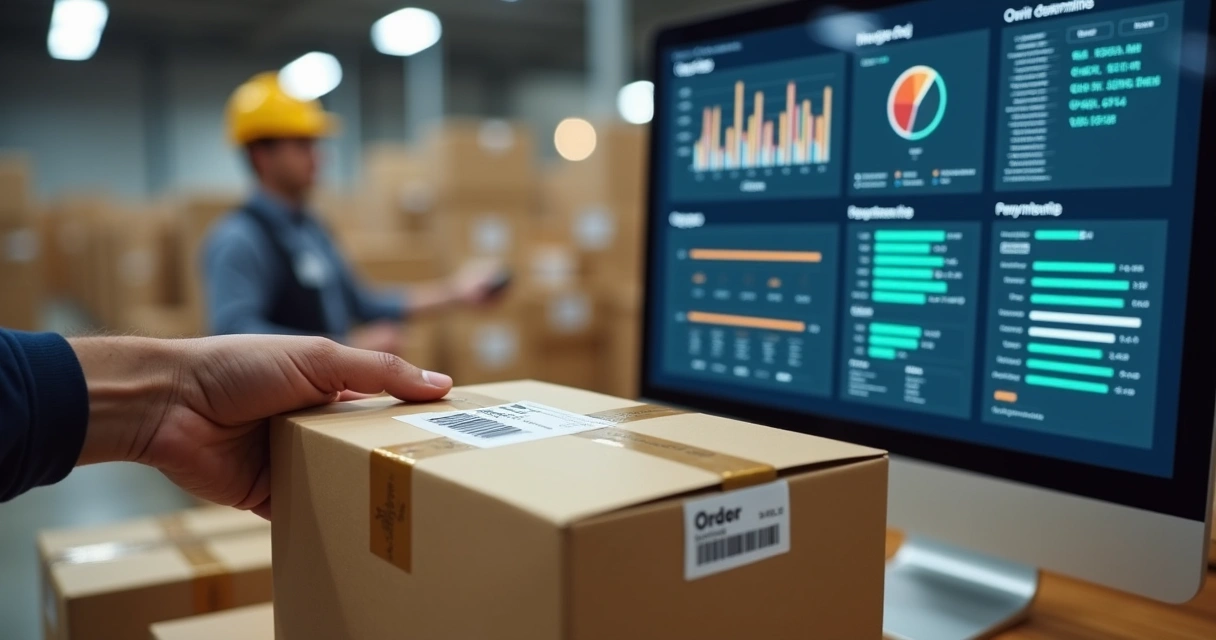 Expedição de encomendas com leitor de código EAN e funcionário conferindo envio 