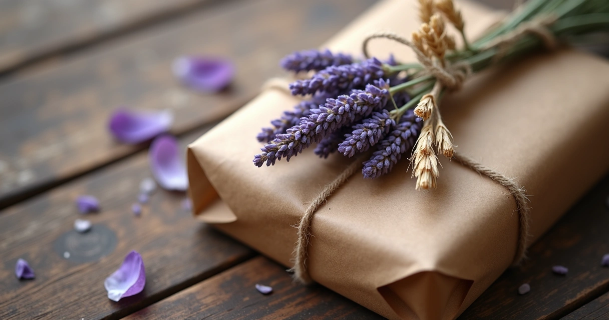 Embalagem de presente rustica decorada com flores secas e fita 