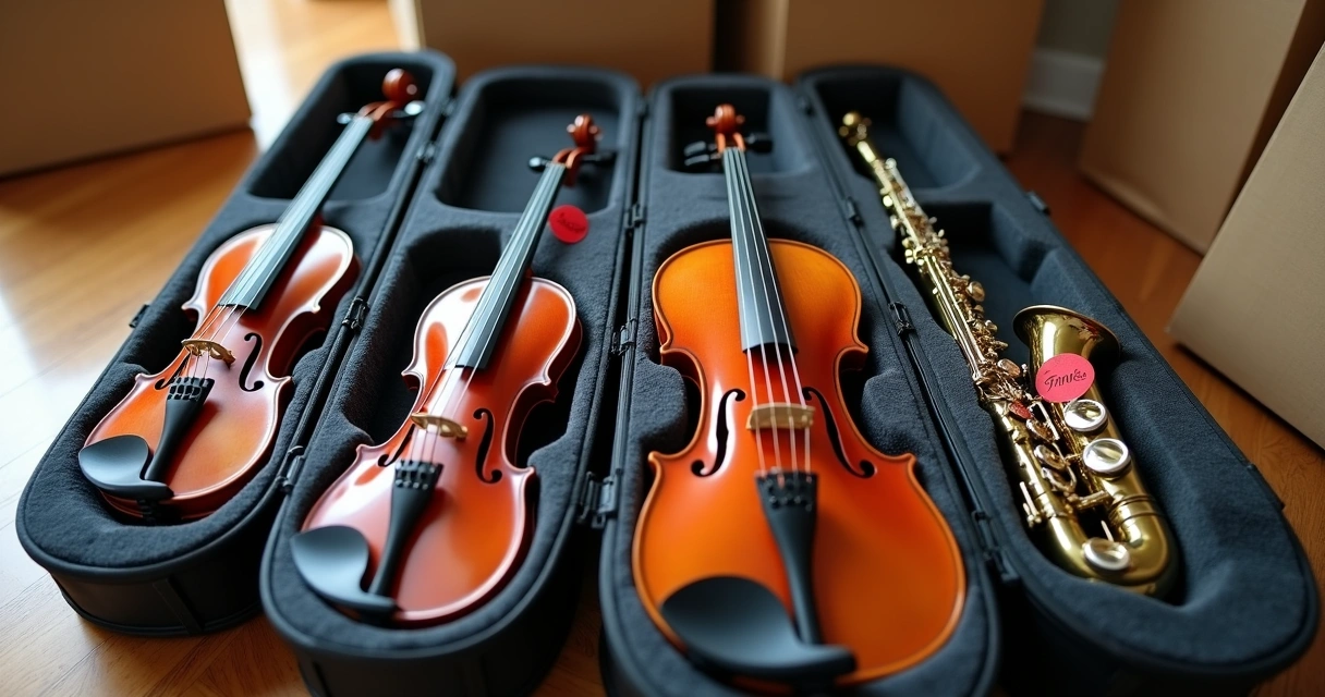 Estojo rígido com instrumentos musicais protegidos por espuma e etiquetas de frágil 