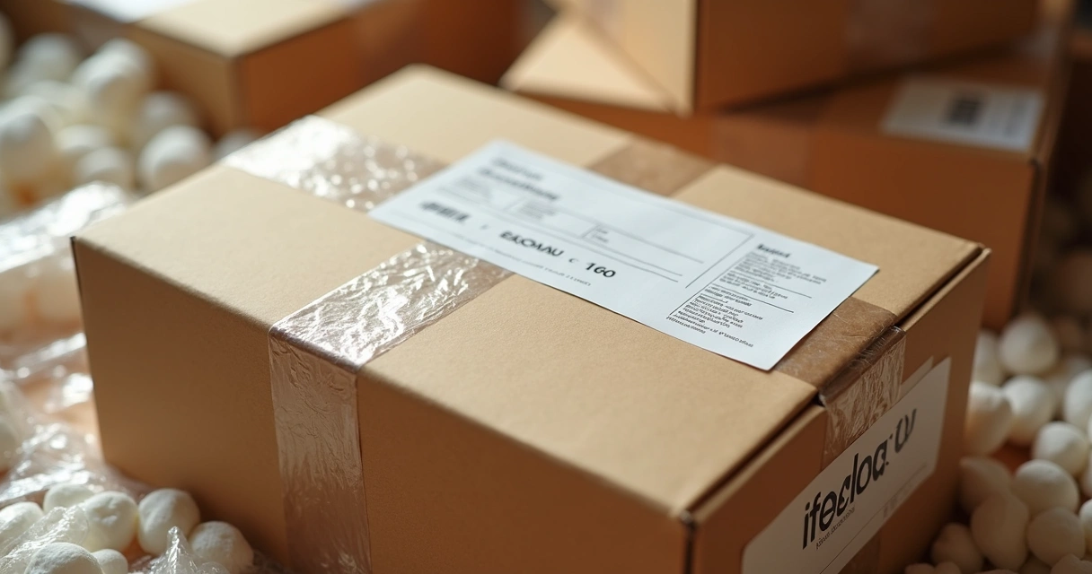 Kit de produtos embalado com etiqueta de envio e advertência frágil 