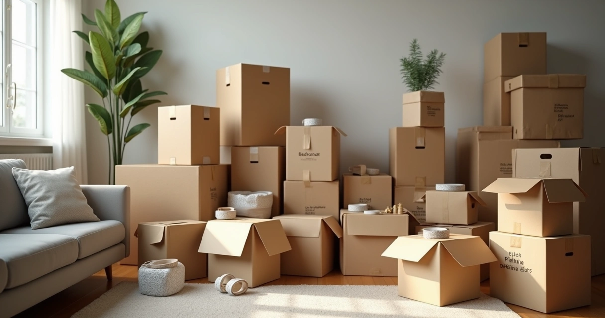 Materiais de embalagem para mudança em São Paulo, incluindo caixas plásticas, caixas de papelão e plástico-bolha em um ambiente de sala 