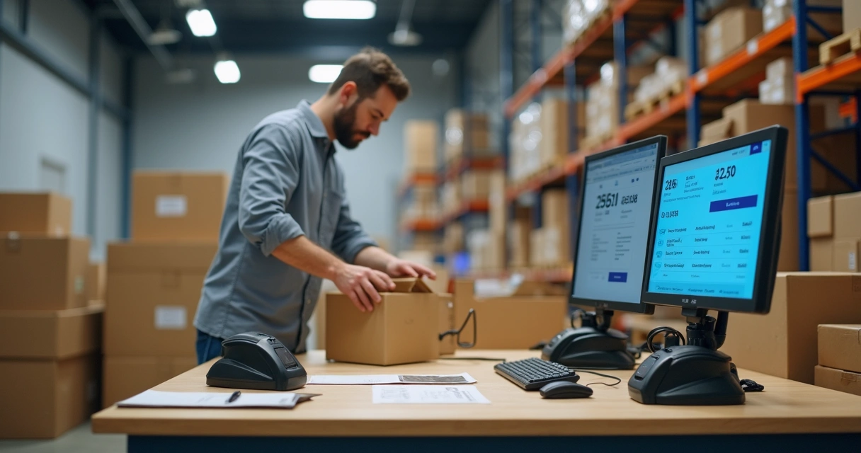 Funcionário embalando pedidos em centro de distribuição 
