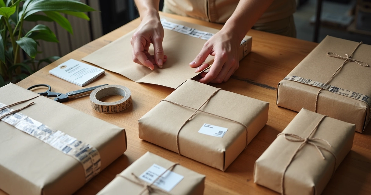 Mesa com pedidos embalados para envio em pequeno negócio 