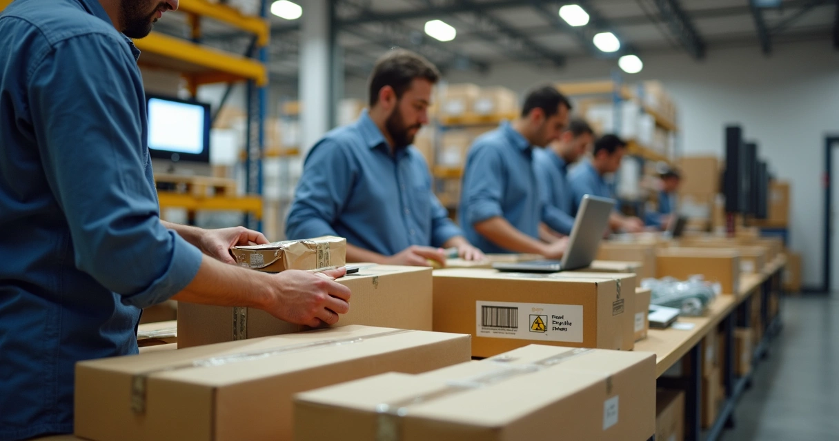 Equipe embalando produtos para e-commerce com embalagens personalizadas 