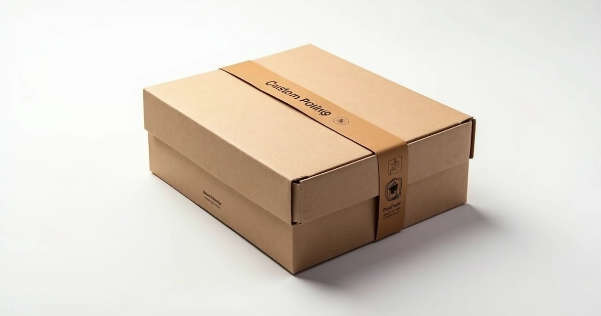 Embalagem personalizada com logo de uma loja, caixa de papel kraft e fita adesiva