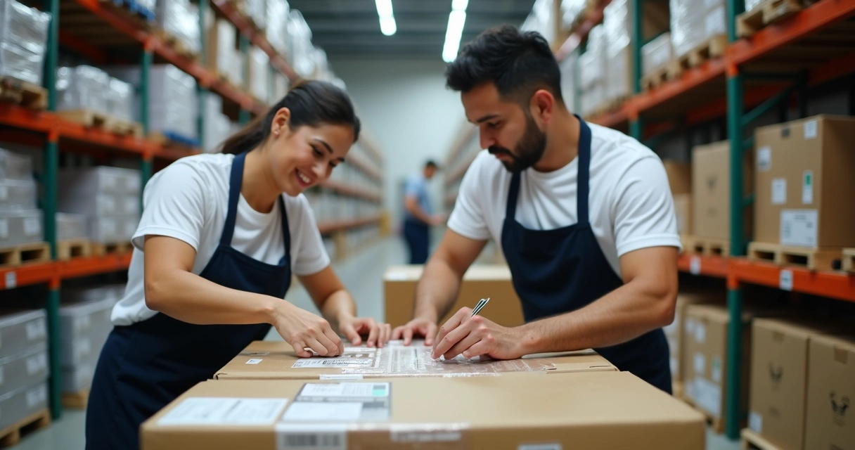 Funcionários embalando pedidos em centro de distribuição 