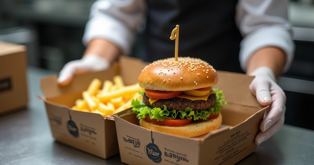 Hambúrguer dentro de embalagem especial de papelão para delivery, acompanhado de batatas fritas organizadas e com espaço separado. 