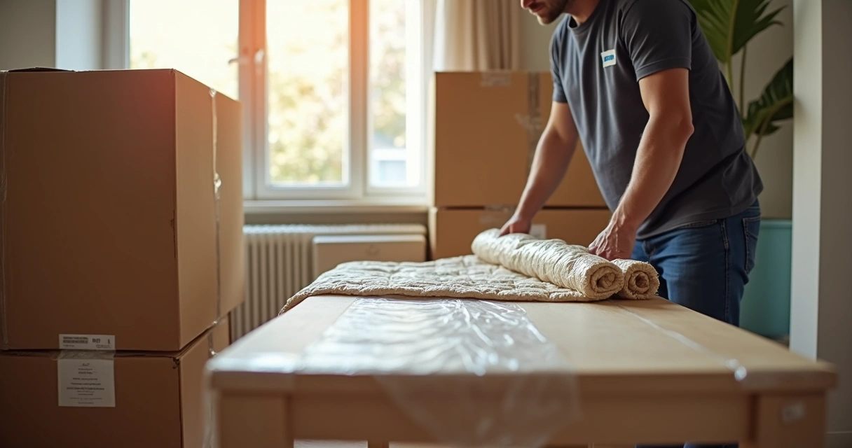 Profissional embalando móveis com manta e plástico bolha 