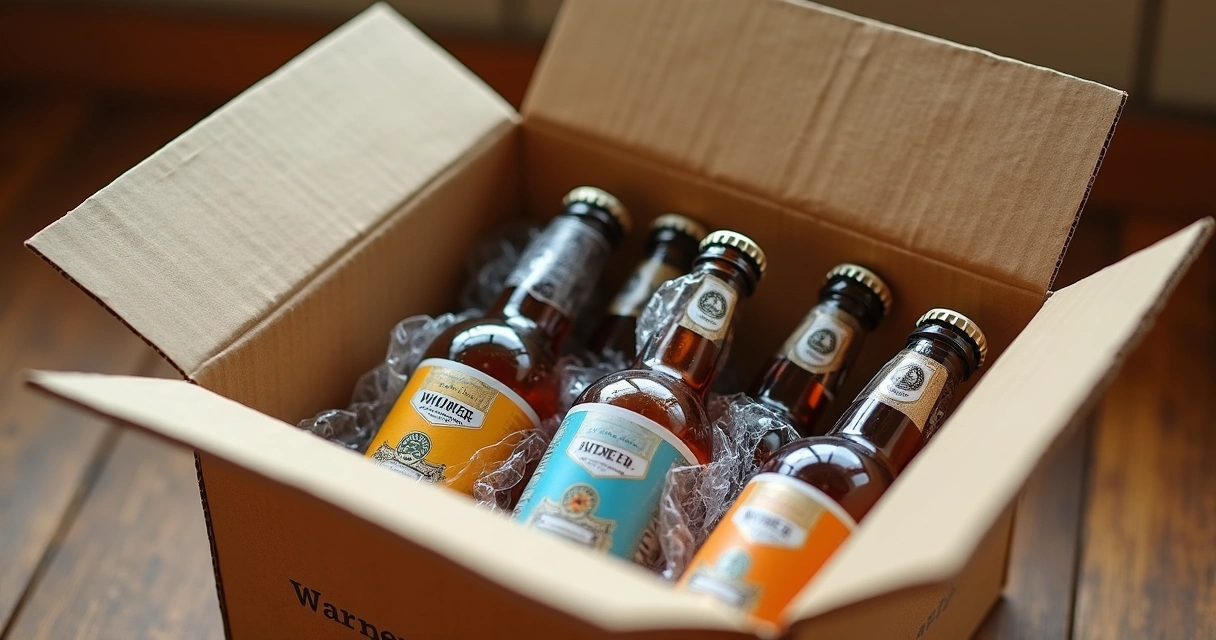 Caixa com garrafas de vidro embaladas com plástico bolha 