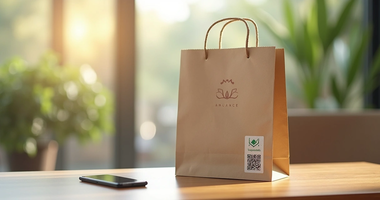 Sacola de papel personalizada com selo sustentável e QR Code na alça
