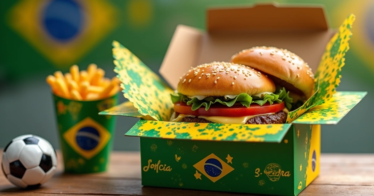 Embalagem de delivery decorada com tema de futebol e bandeiras do Brasil 
