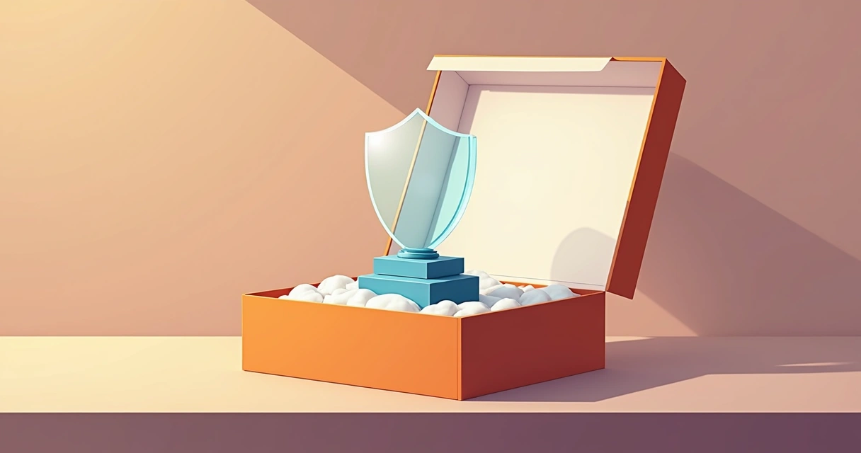 Troféu de acrílico em embalagem premium aberta, sobre mesa de evento 