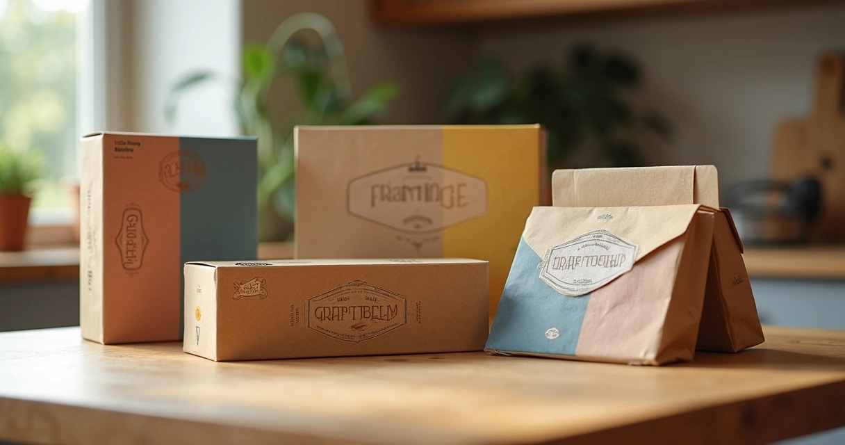 Embalagens personalizadas com logo diferenciado sobre mesa de madeira clara 