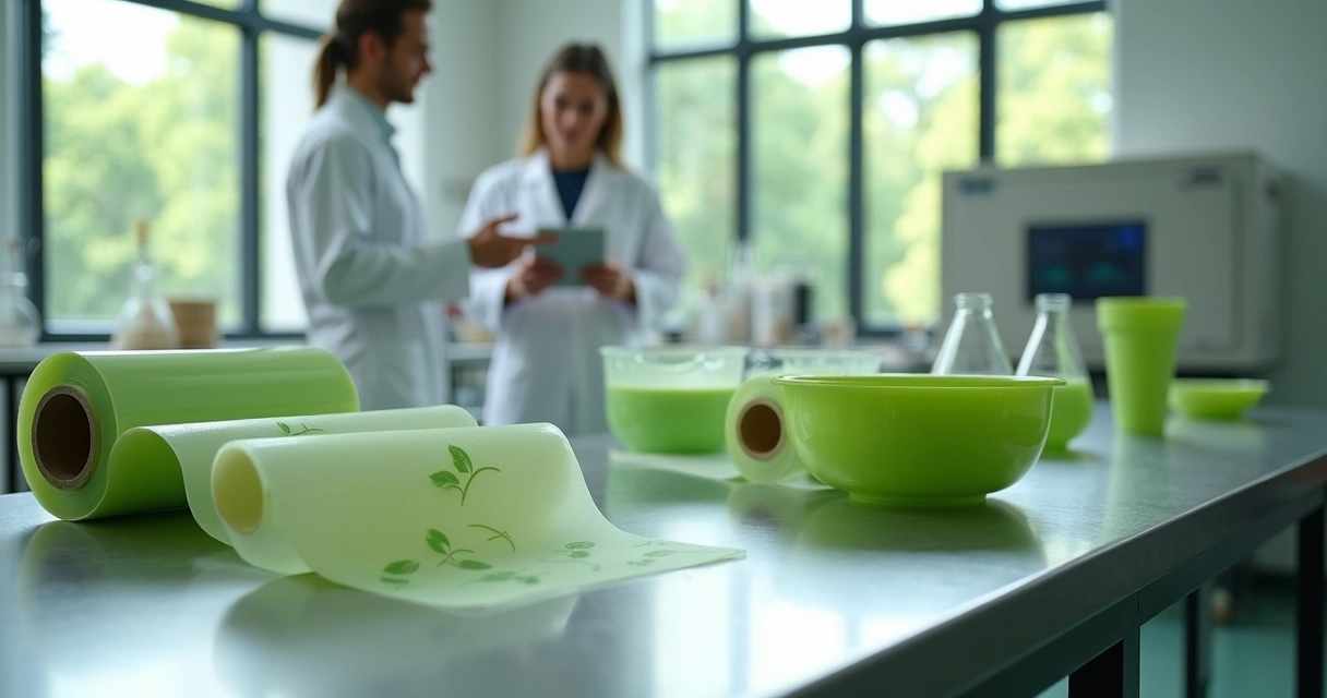 Rolos de bioplástico verde com moringa em linha de produção sustentável 