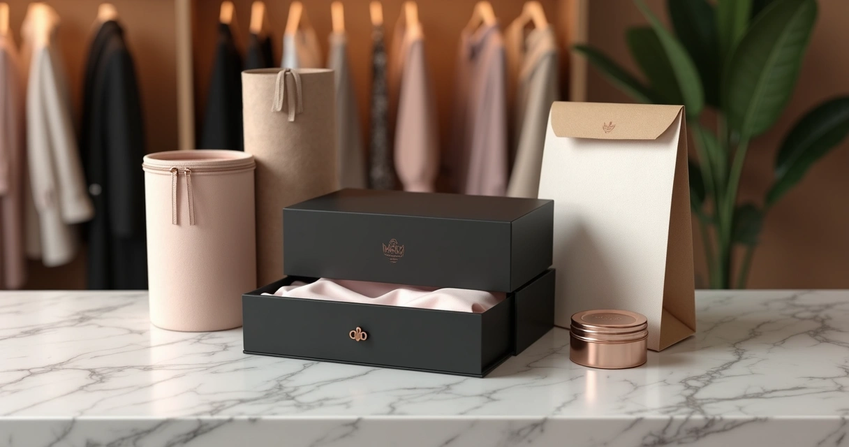 Display de embalagens de boutique de moda com diferentes materiais e acabamentos especiais 