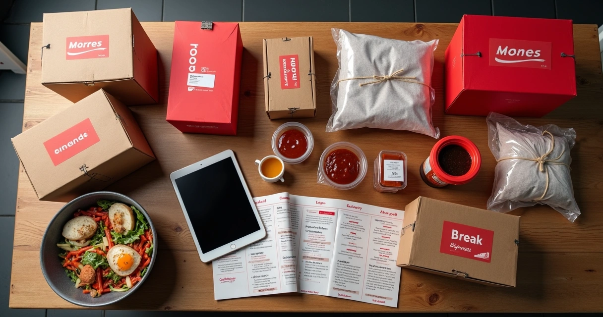 Embalagens de delivery organizadas ao lado de cardápio e combos 