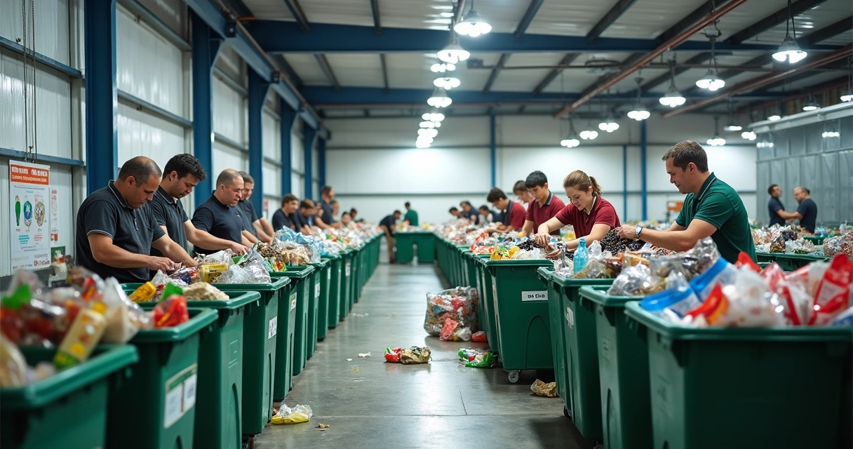 Funcionários organizando embalagens para reciclagem com cooperativas 