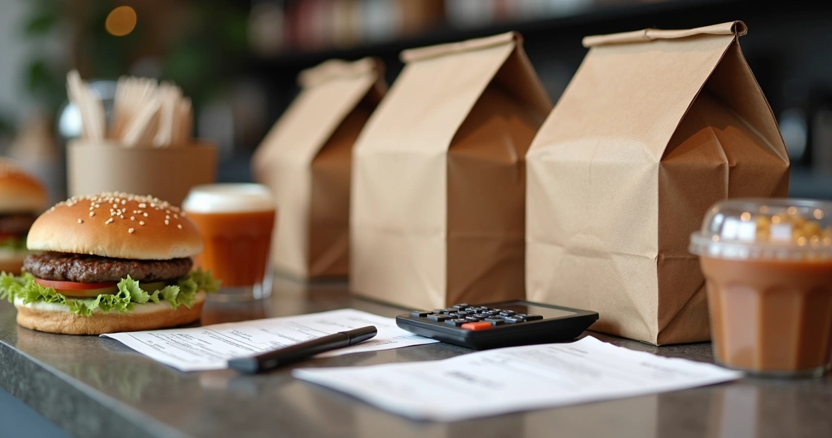 Embalagens de delivery e calculadora sobre balcão 