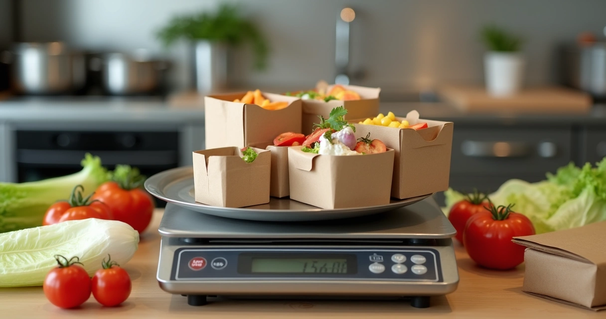 Embalagens de comida de delivery sendo pesadas em uma balança 