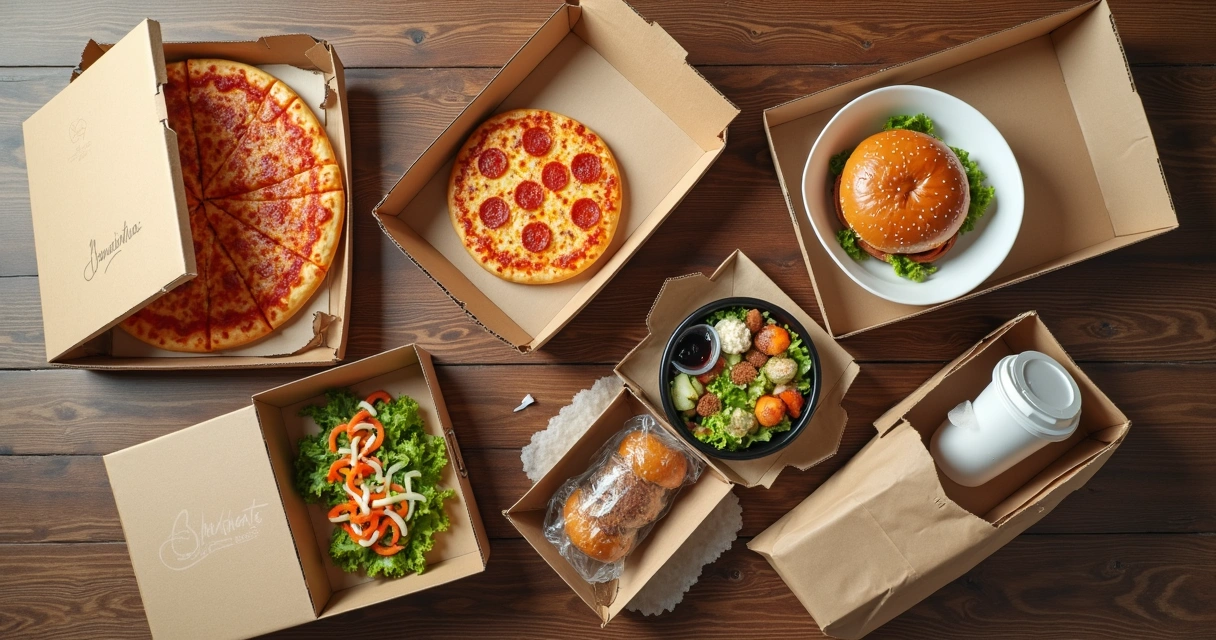 Diferentes embalagens de delivery organizadas sobre uma mesa 