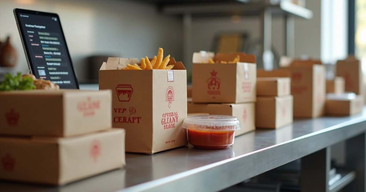 Embalagens padronizadas de delivery organizadas sobre bancada