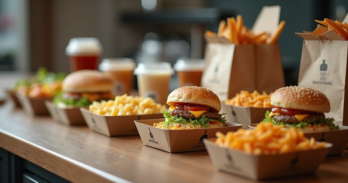 Embalagens de delivery organizadas com pratos prontos para envio 