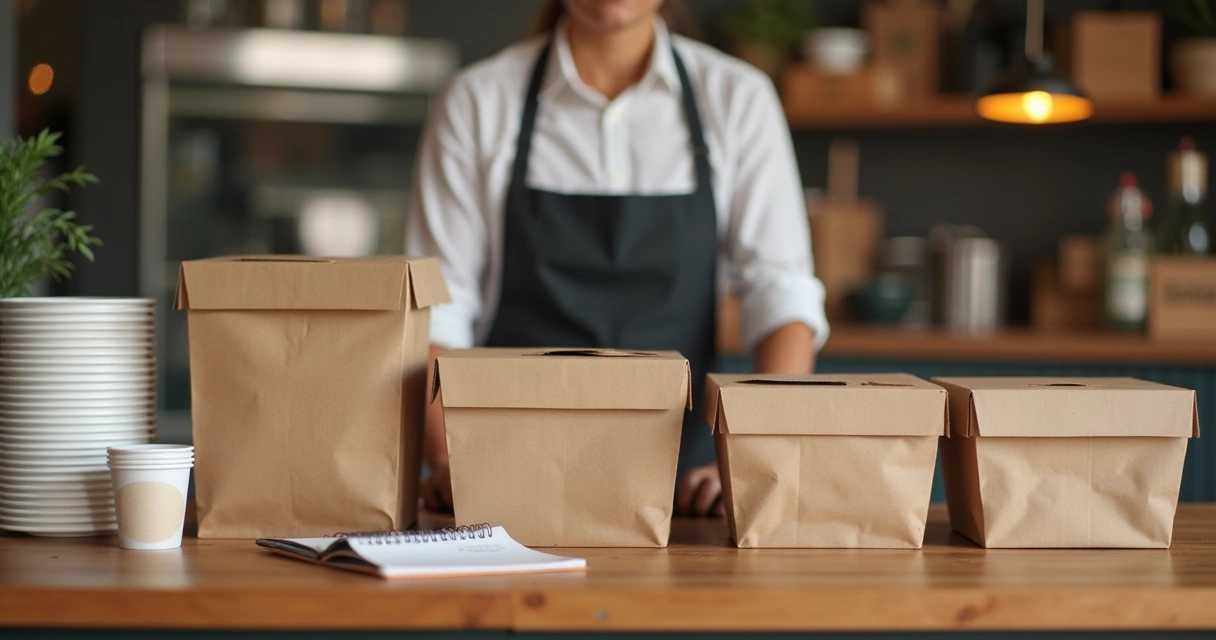Embalagens de delivery organizadas por tamanho em bancada 
