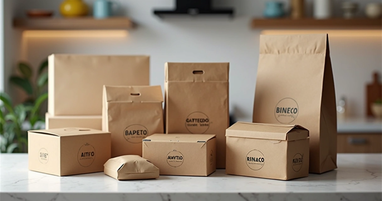 Embalagens profissionais para delivery em uma bancada de cozinha 