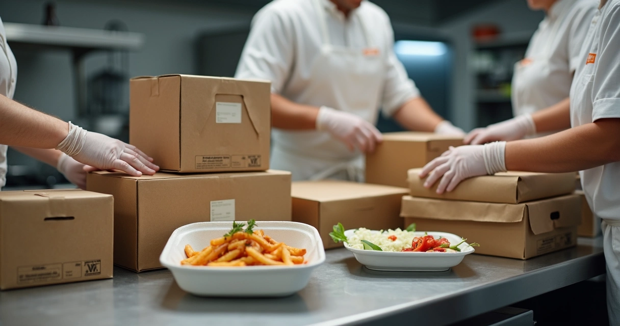 Embalagens modernas seguras para delivery na bancada de inox 