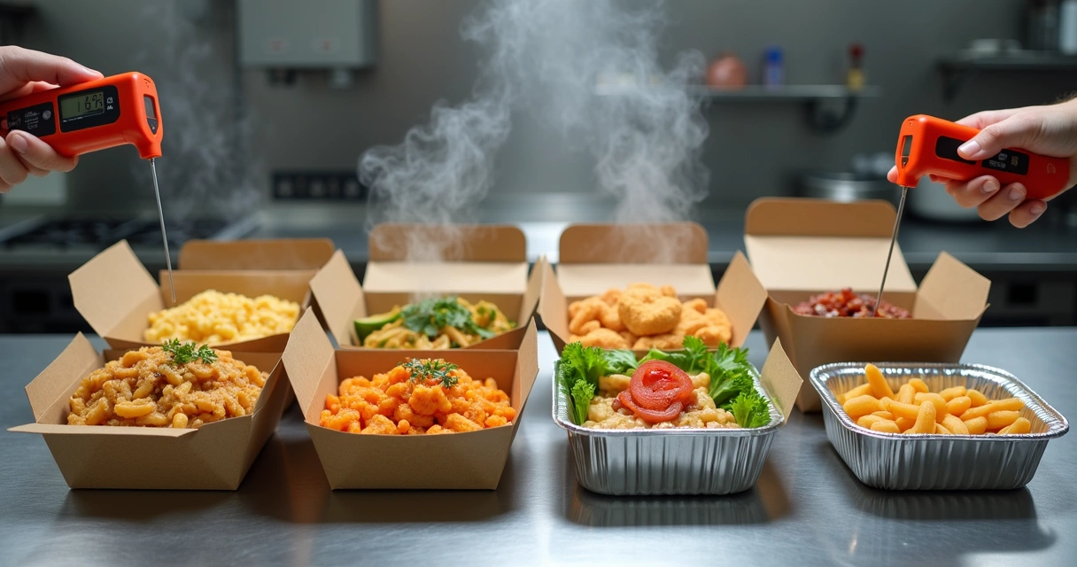 Recipientes de delivery com alimentos em teste térmico 