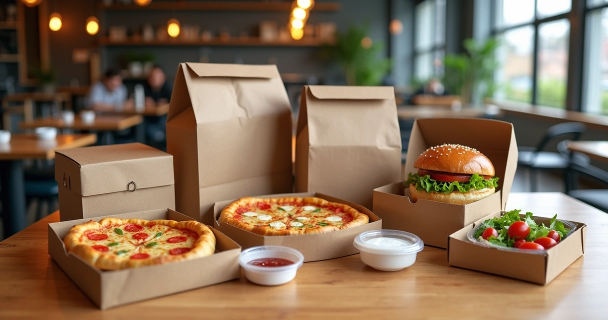 Diversas embalagens para delivery alinhadas na mesa 