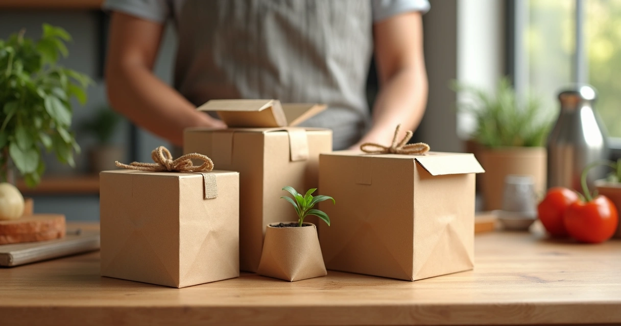Embalagens ecológicas de bagaço de cana e papel cardápio empilhadas 
