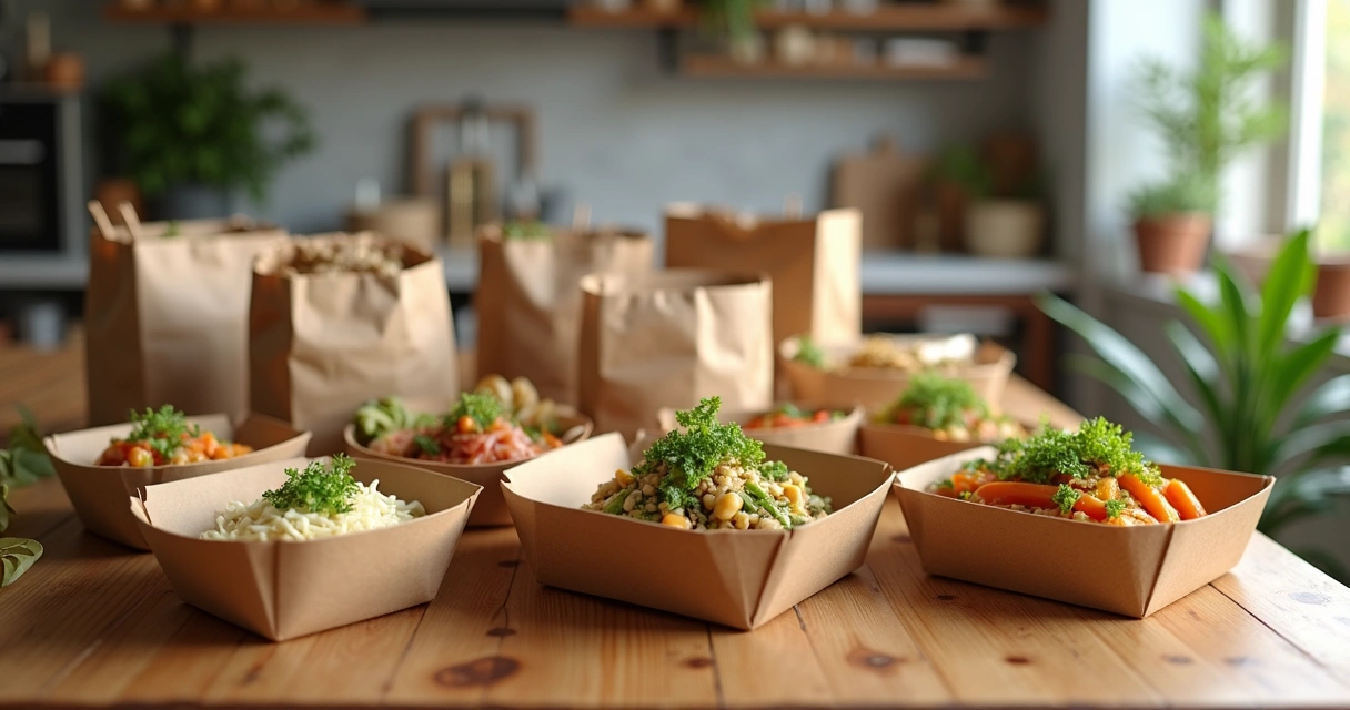 Embalagens diversas para entrega de alimentos organizadas sobre mesa de madeira, com comida fresca e colorida em embalagens recicláveis e descartáveis 