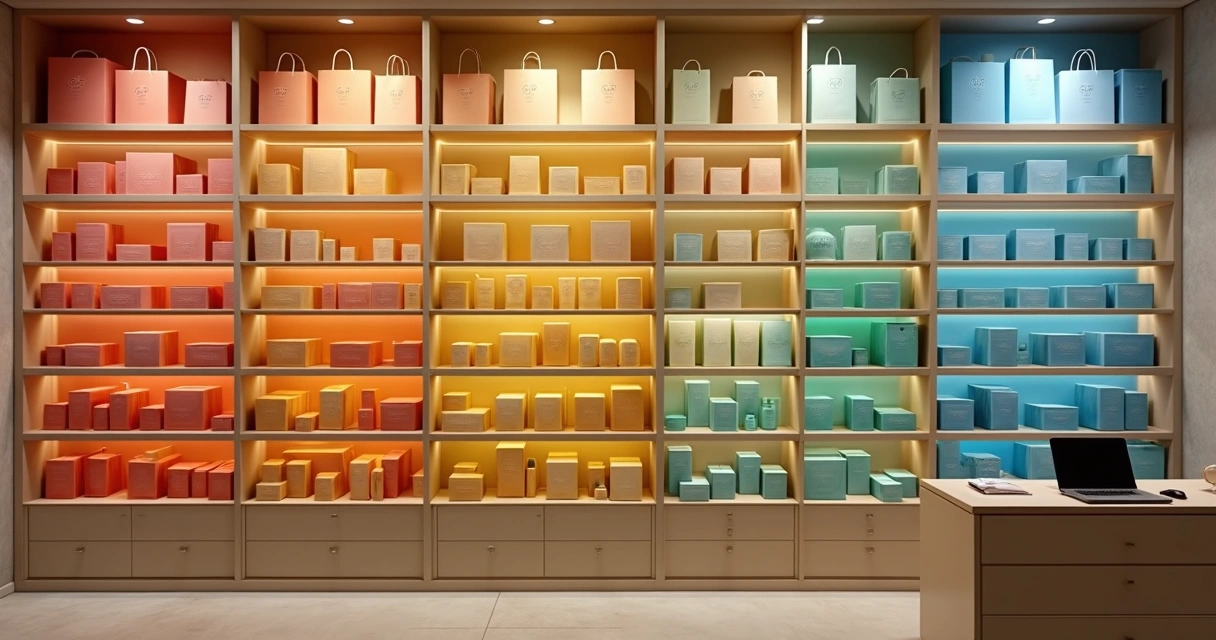 Prateleiras de loja boutique exibindo embalagens personalizadas coloridas 