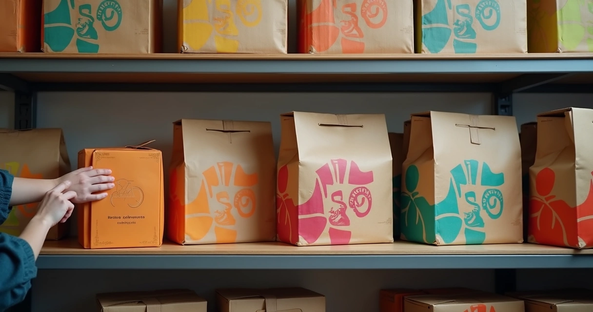Embalagens de delivery multimarcas organizadas em prateleira 