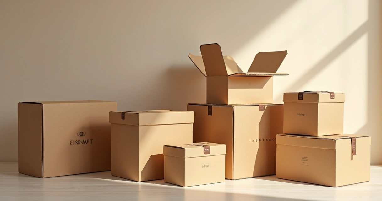 Embalagens de papelão personalizadas com diferentes tamanhos e logos visíveis 