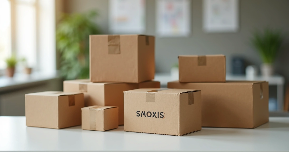 Caixas de papelão personalizadas de diferentes tamanhos e cores, alinhadas em uma mesa, refletindo variedade e customização 