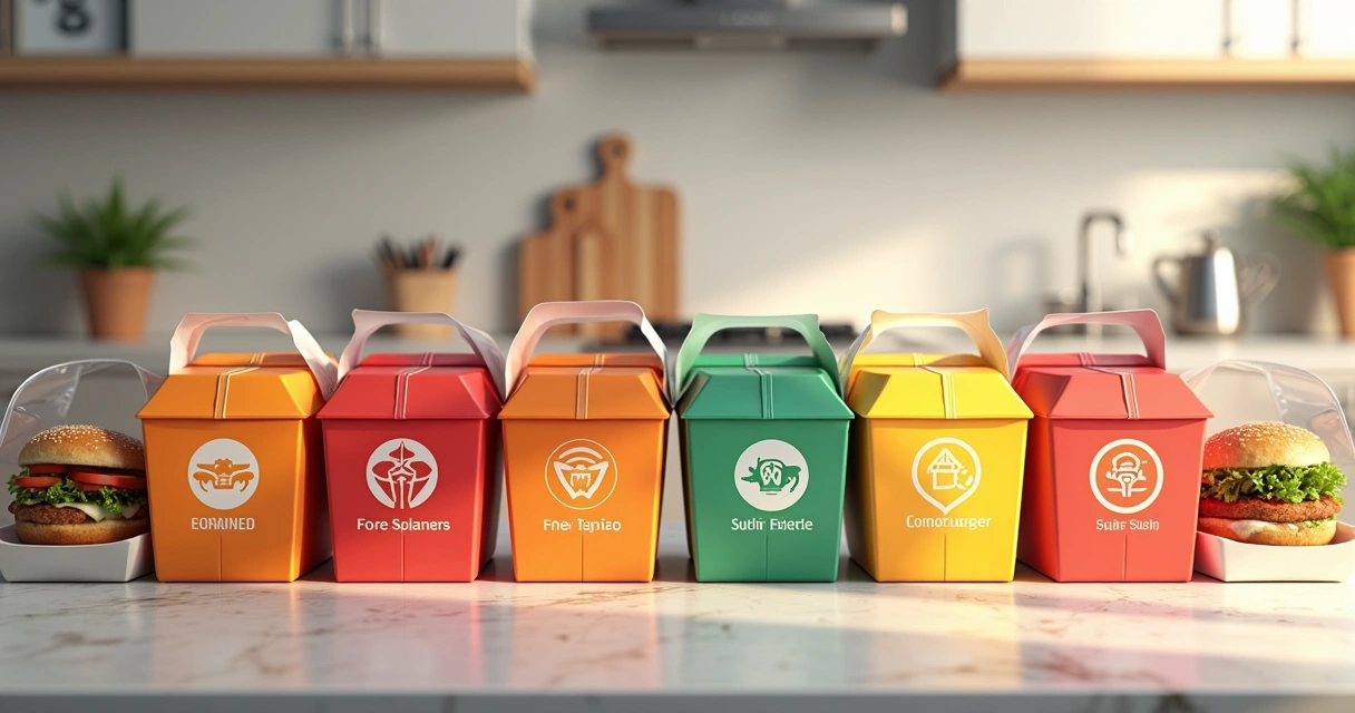 Embalagens personalizadas de delivery alinhadas em uma bancada com comidas variadas